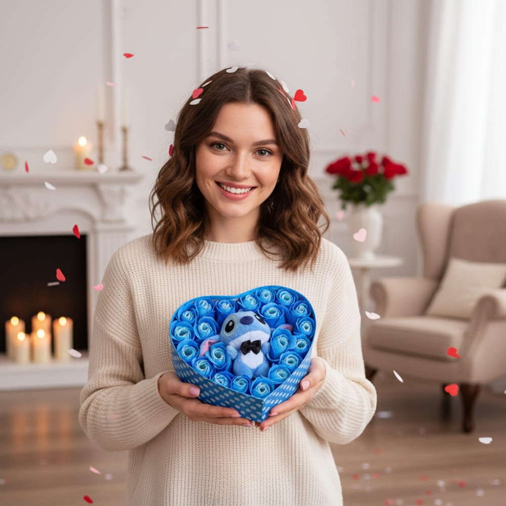 Geschenkdoos Stitch knuffel hartdoos blauwe rozen