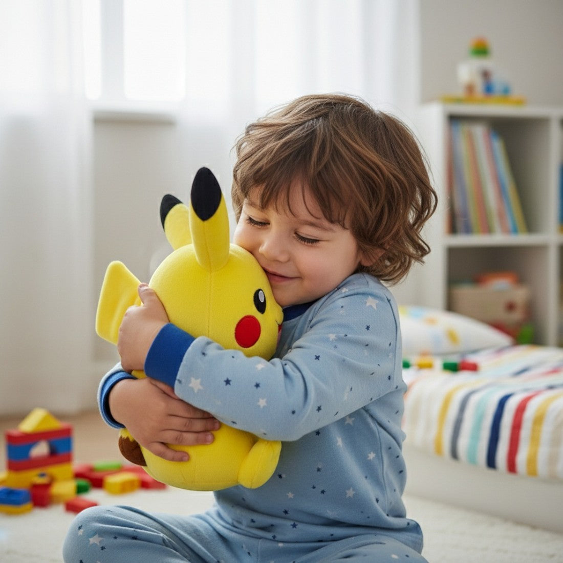 Pokémon knuffel - zittende Pikachu met vrolijke lach