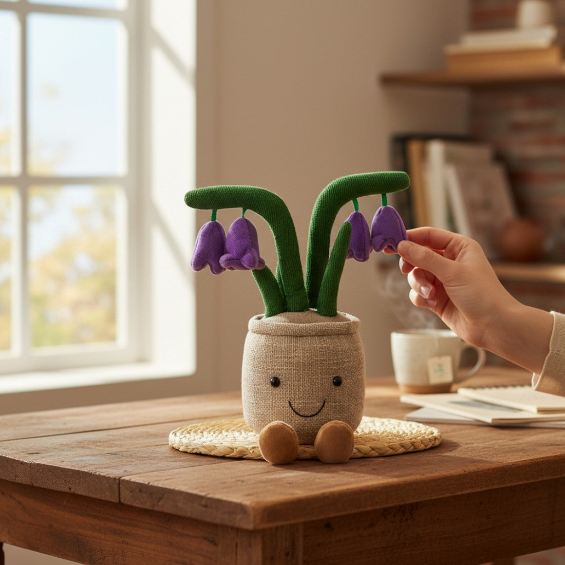 Kawaii plant knuffel pot met paarse bloemen