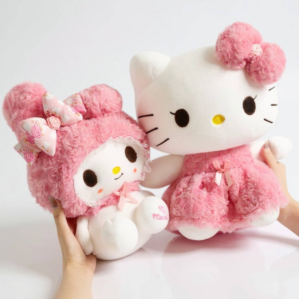Hello Kitty en My Melody knuffel in roze outfit