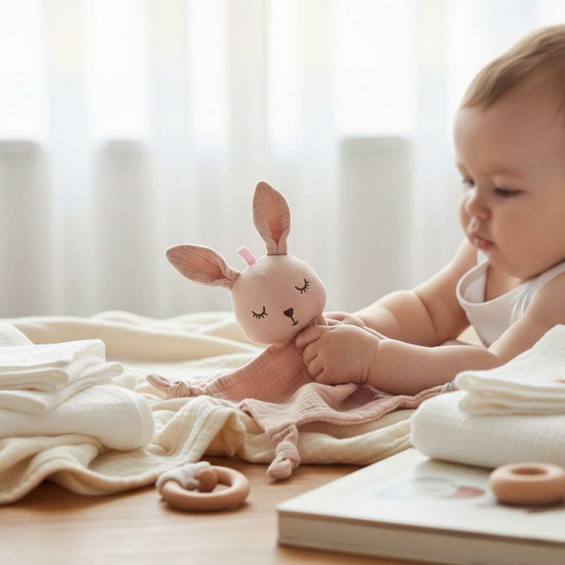 Roze konijn knuffeldoekje van katoenen gaas