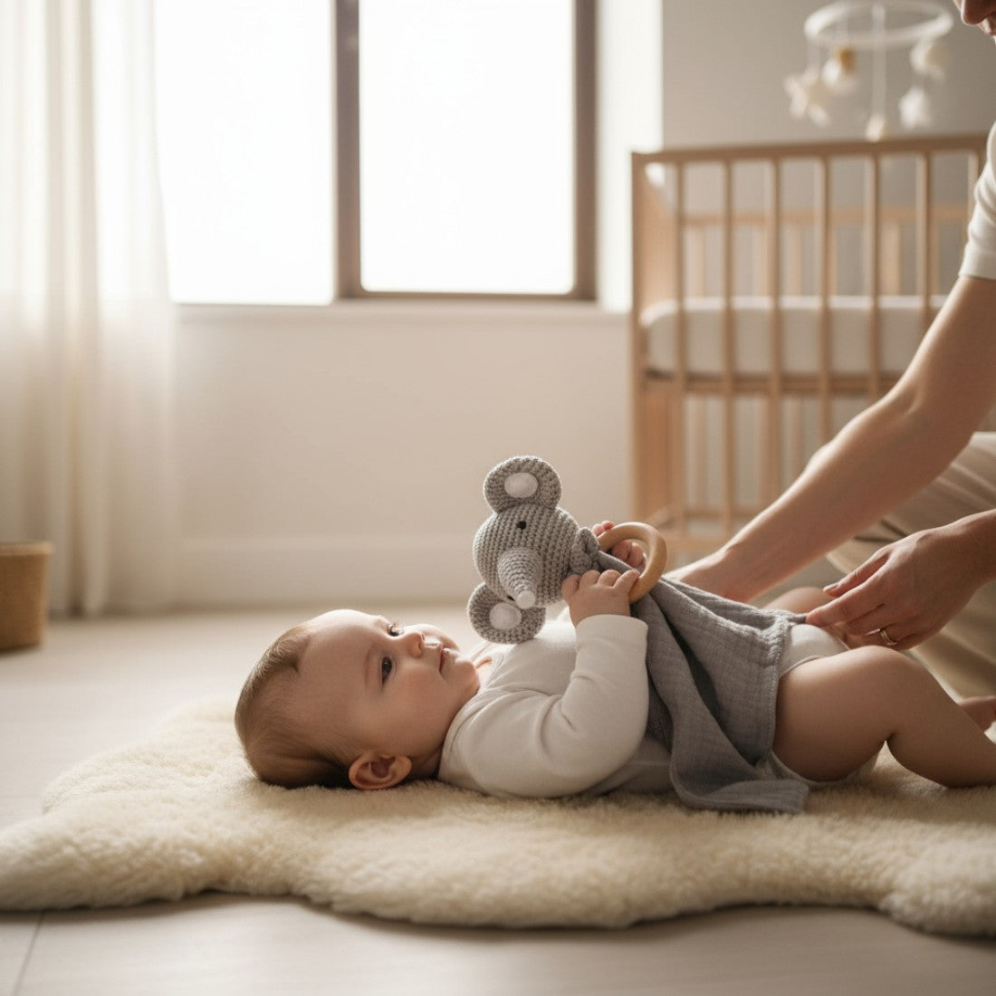 Plat knuffeldoekje met gehaakte olifantenkop voor baby