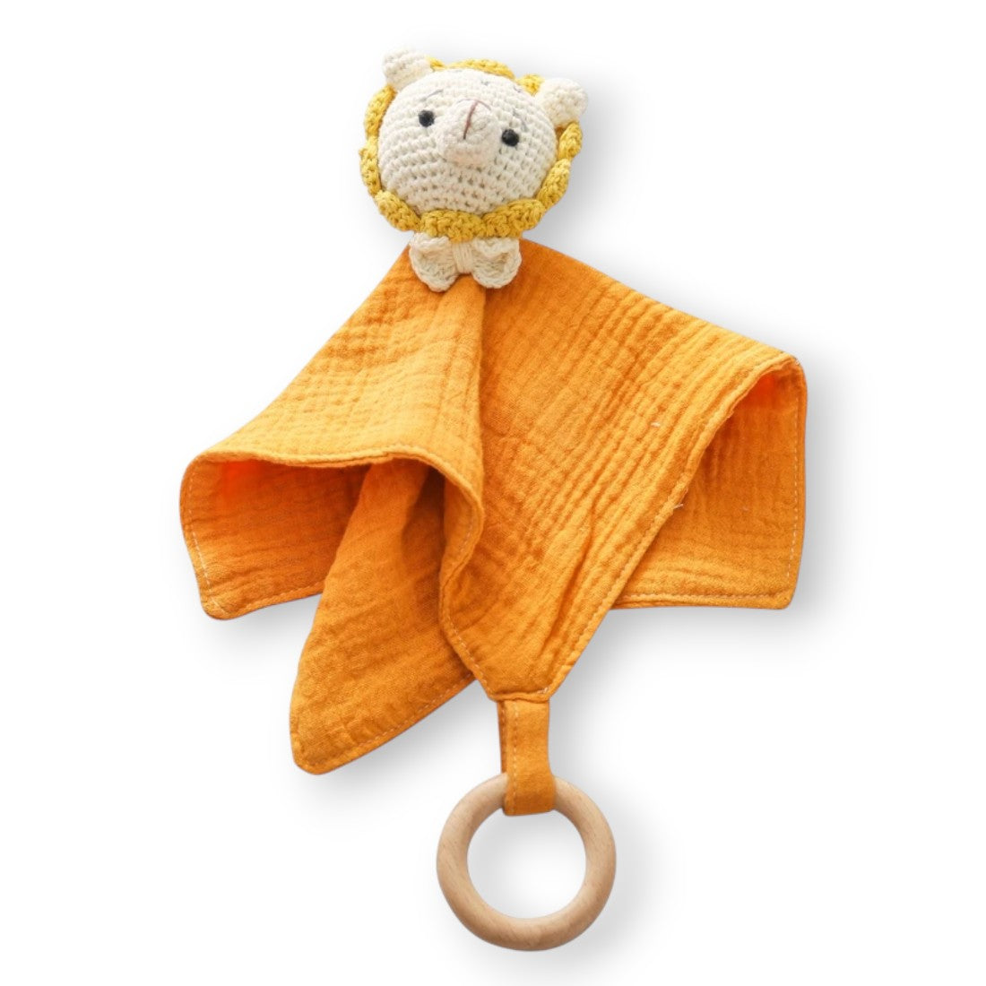 Plat knuffeldoekje met gehaakte leeuwenkop voor baby