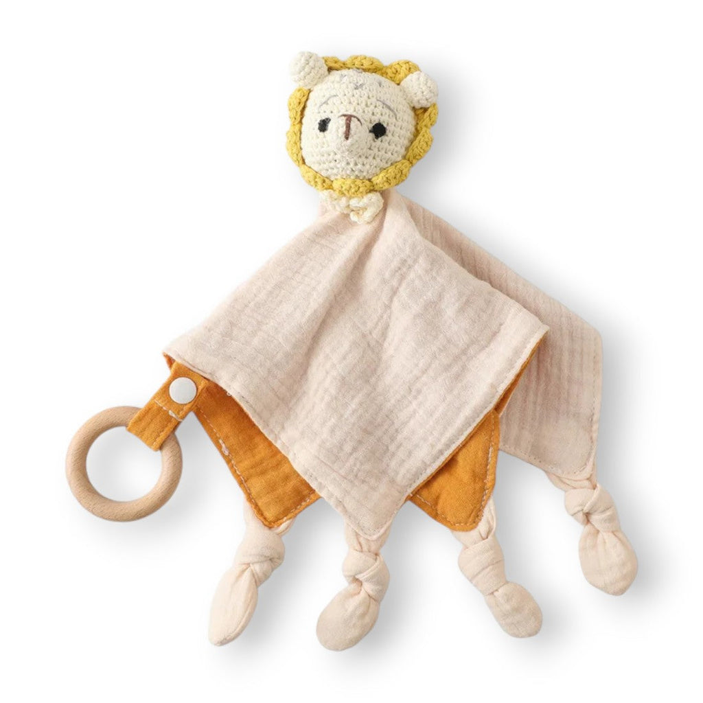 Plat gehaakt leeuw knuffeldoekje met tweekleurige katoenen doek
