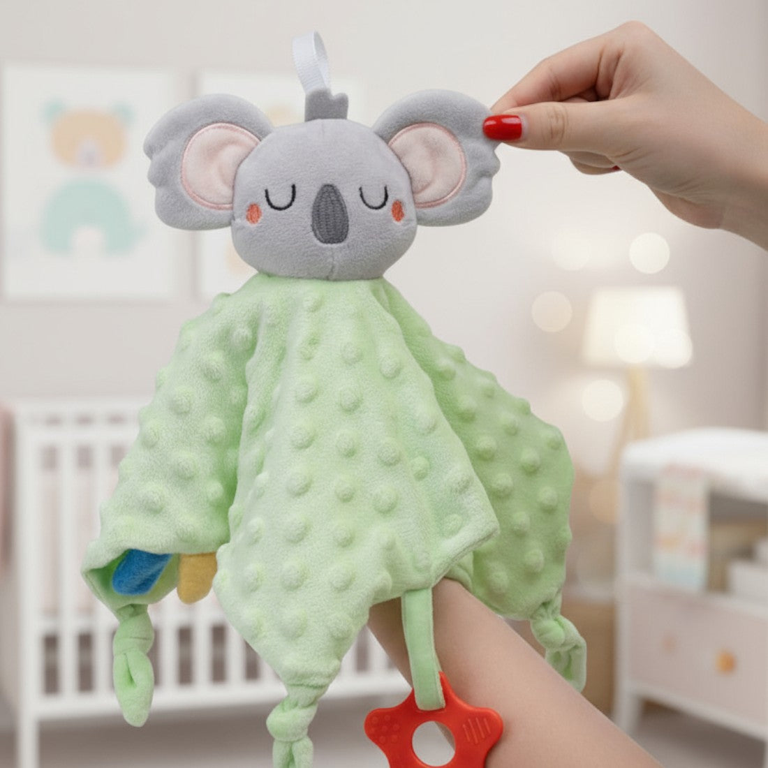 Groen knuffeldoekje met koalakop en sensorische ring