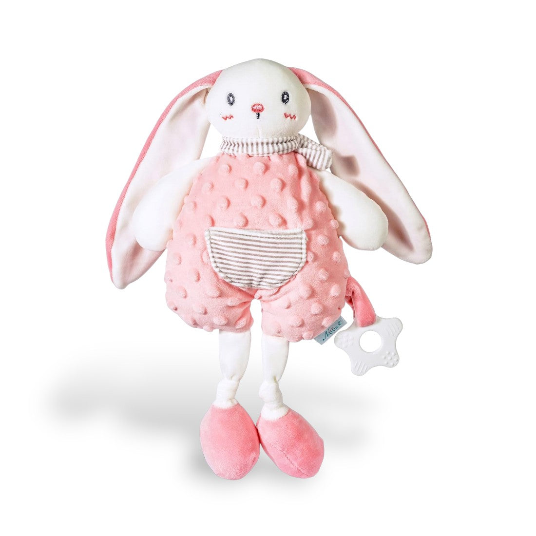Roze konijn knuffel met gestippelde tuinbroek en gestreepte kraag