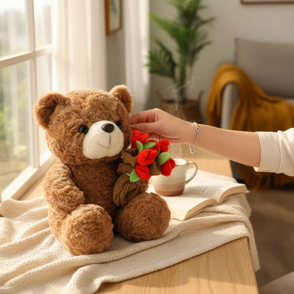 Romantische beer knuffel met bloemenboeket