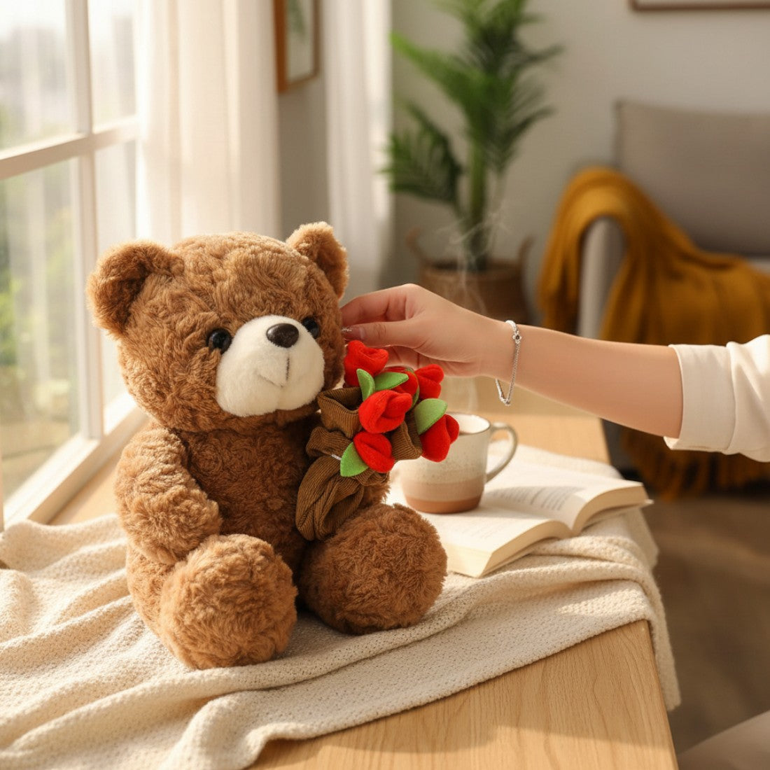 Romantische beer knuffel met bloemenboeket