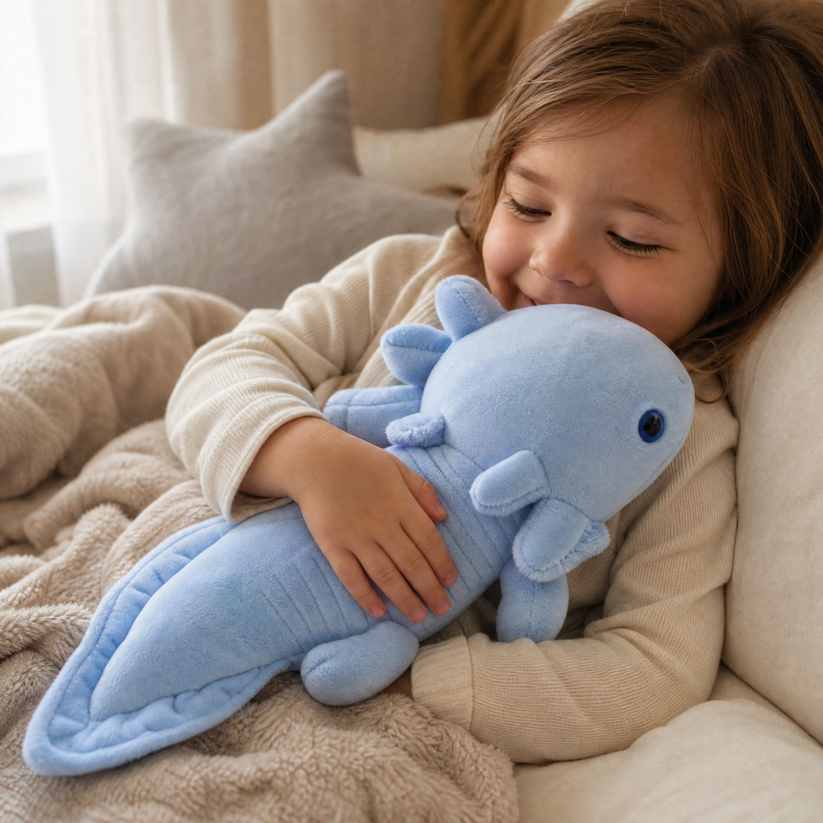 Lang axolotl knuffelkussen blauw
