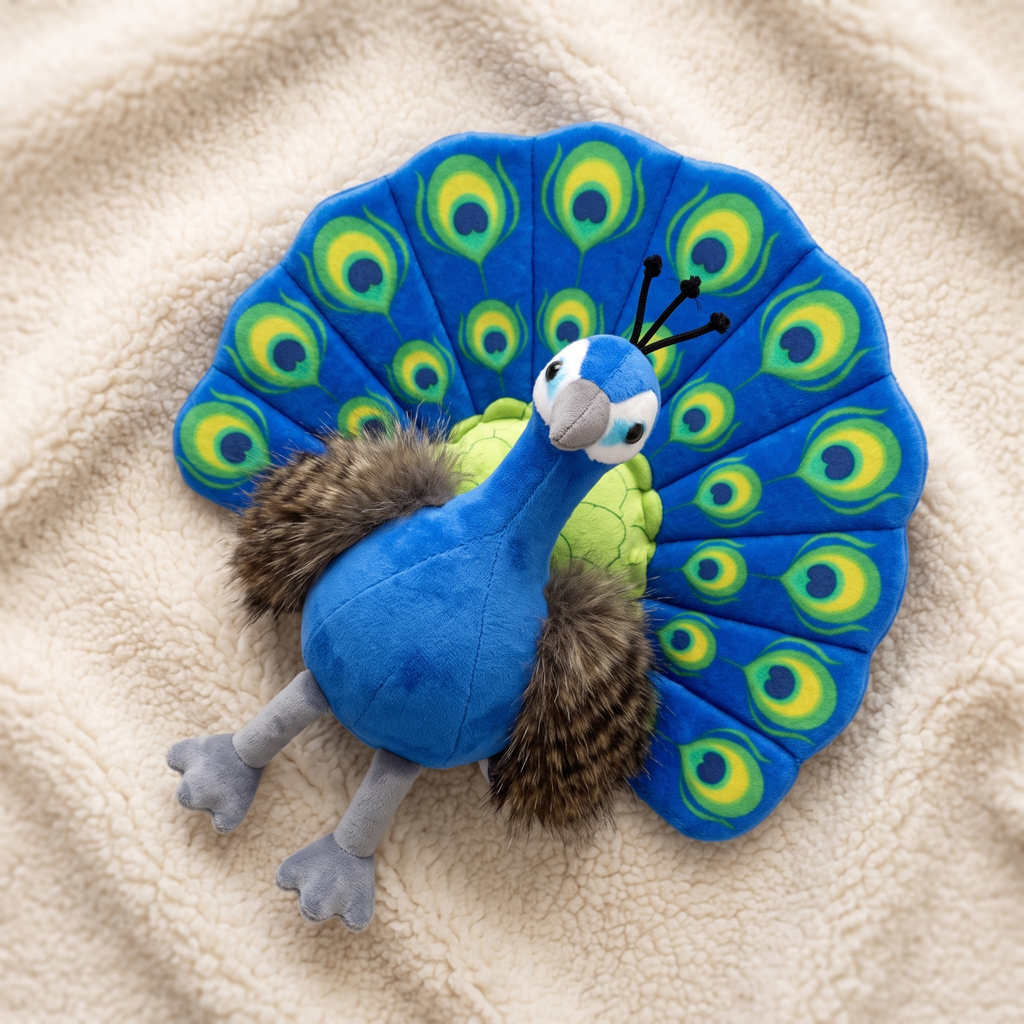 Blauwe pauw knuffel met veelkleurige veren