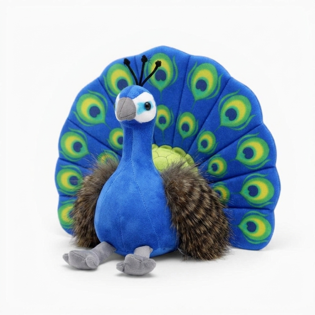Blauwe pauw knuffel met veelkleurige veren
