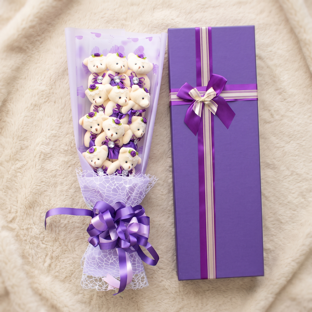 Boeket witte beren knuffel met paarse doos