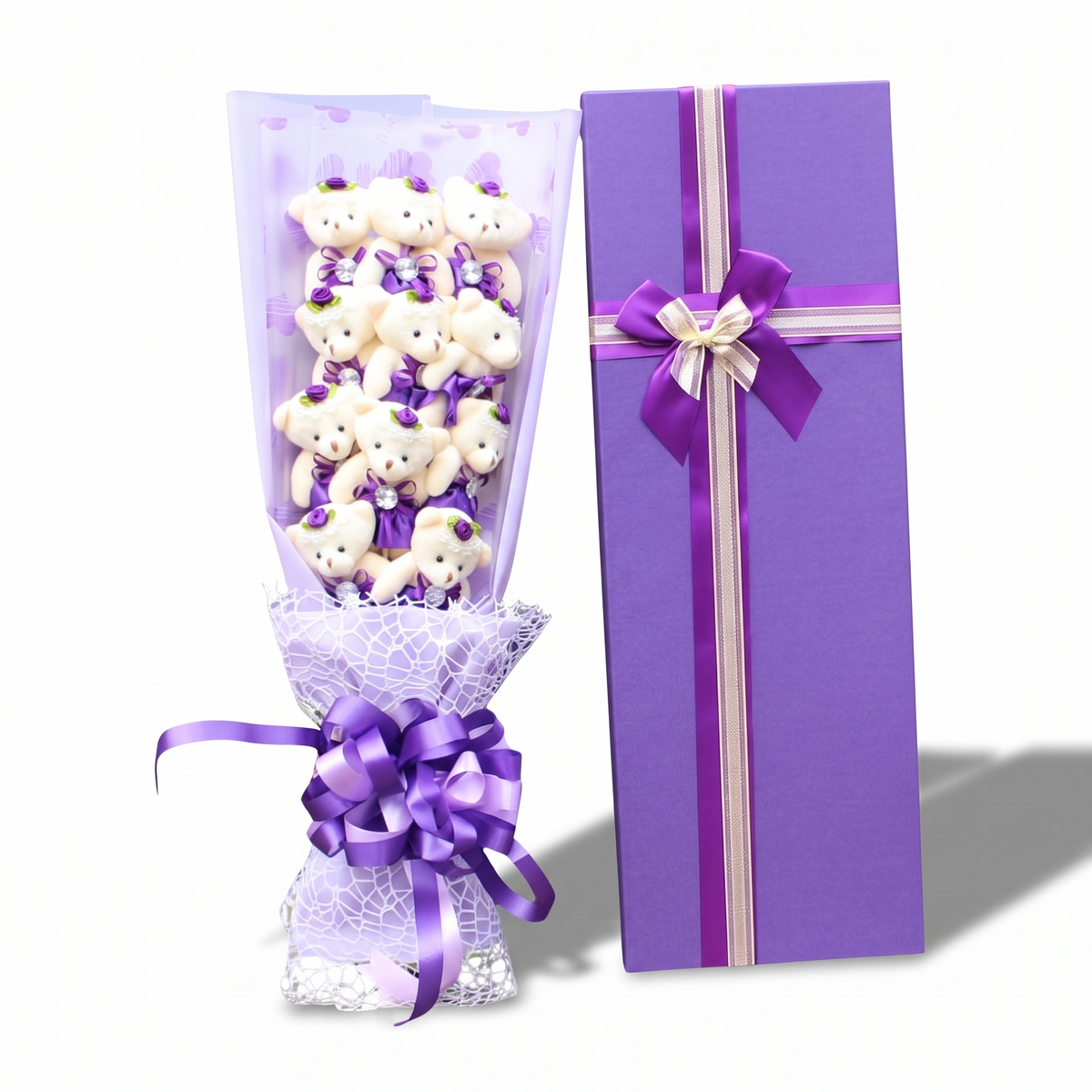Boeket witte beren knuffel met paarse doos