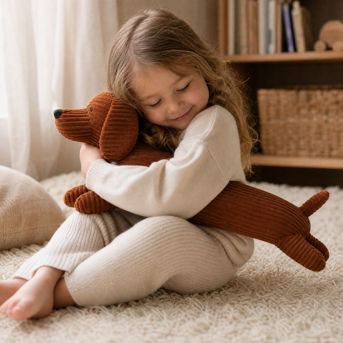 Liggende teckel hond knuffel van ribfluweel