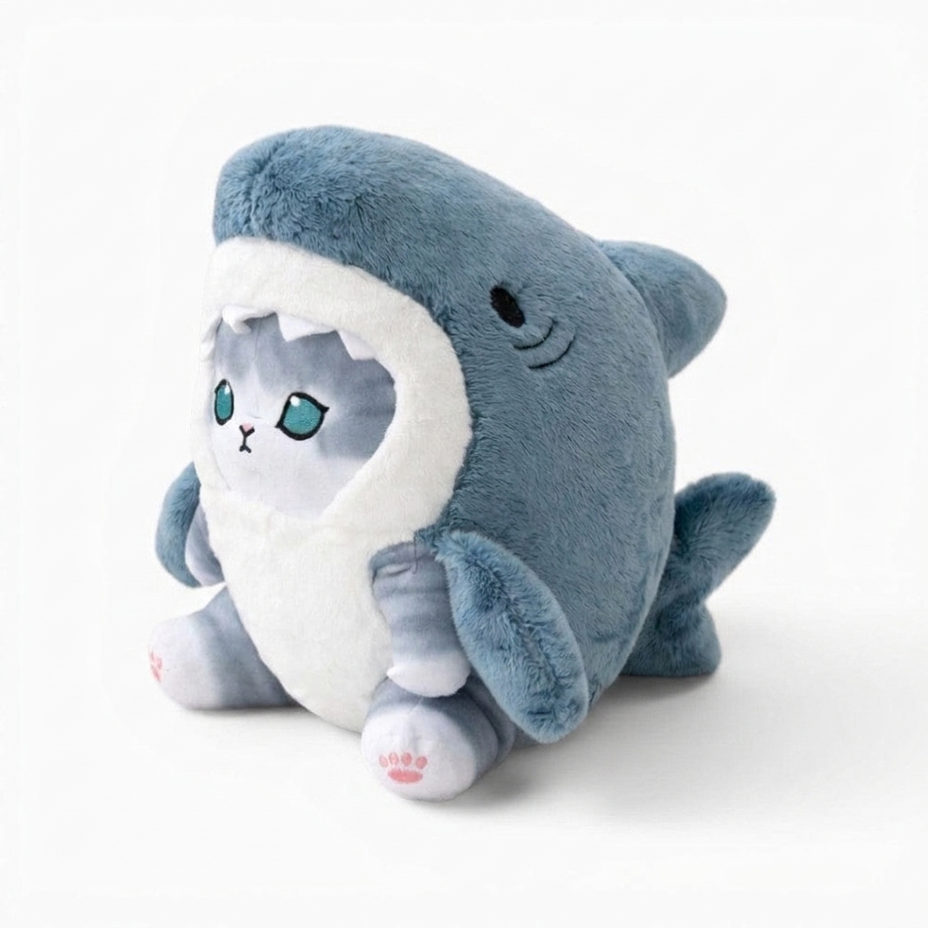 Kawaii kat knuffel verkleed als haai
