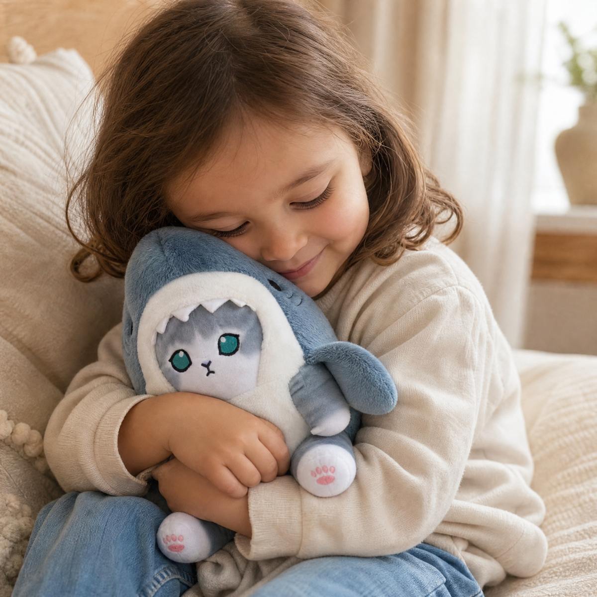 Kawaii kat knuffel verkleed als haai