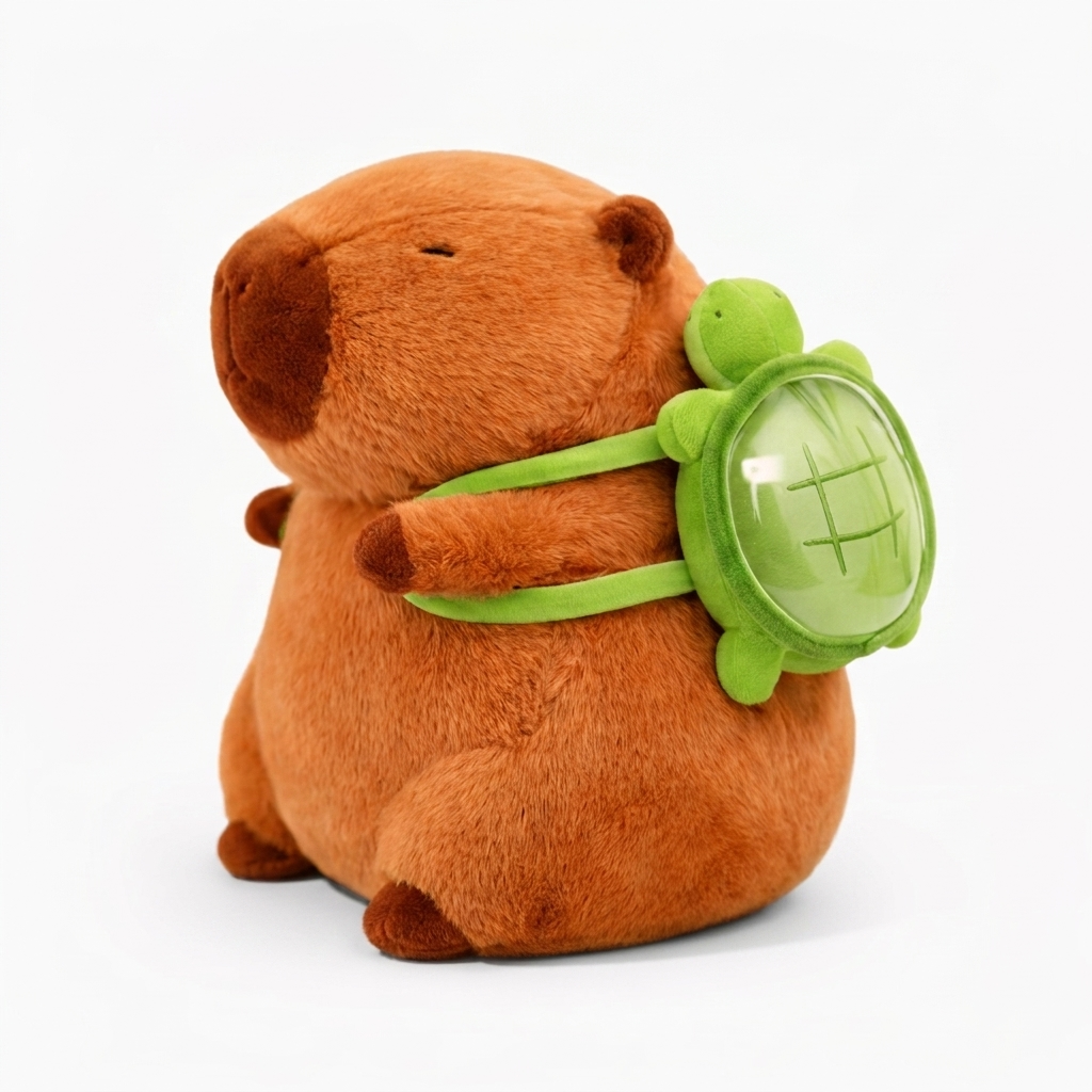Troostende karamelkleurige capybara knuffel met schildpadrugzak 33 cm