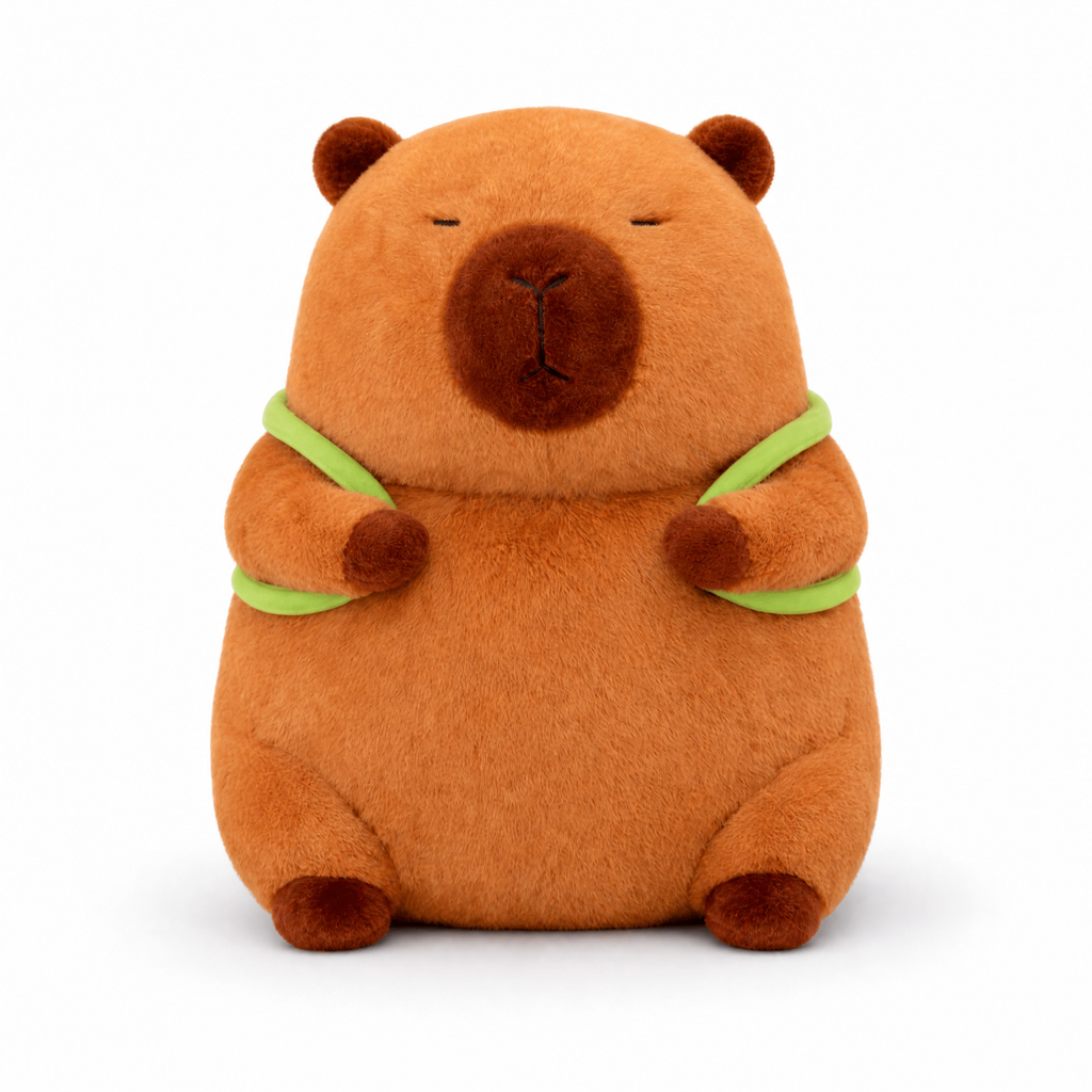 Troostende karamelkleurige capybara knuffel met schildpadrugzak 33 cm