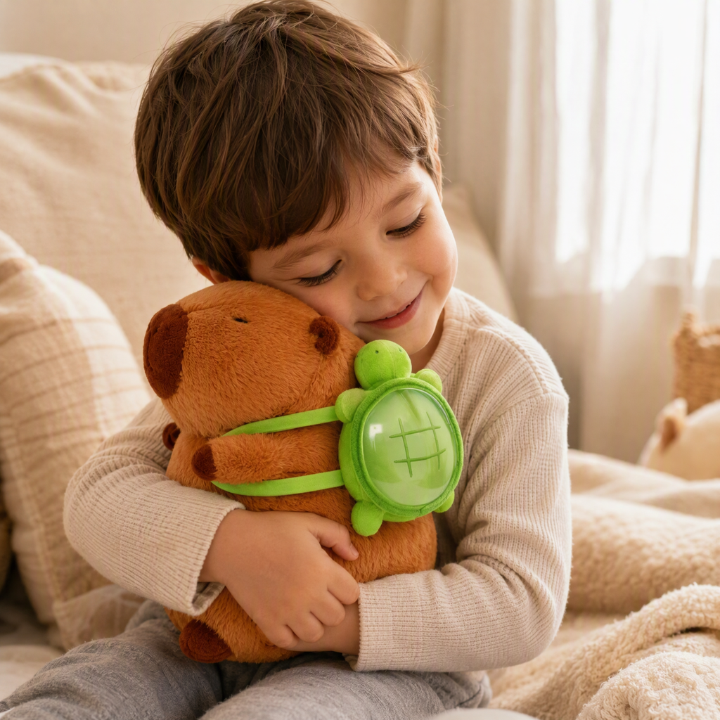 Troostende karamelkleurige capybara knuffel met schildpadrugzak 33 cm