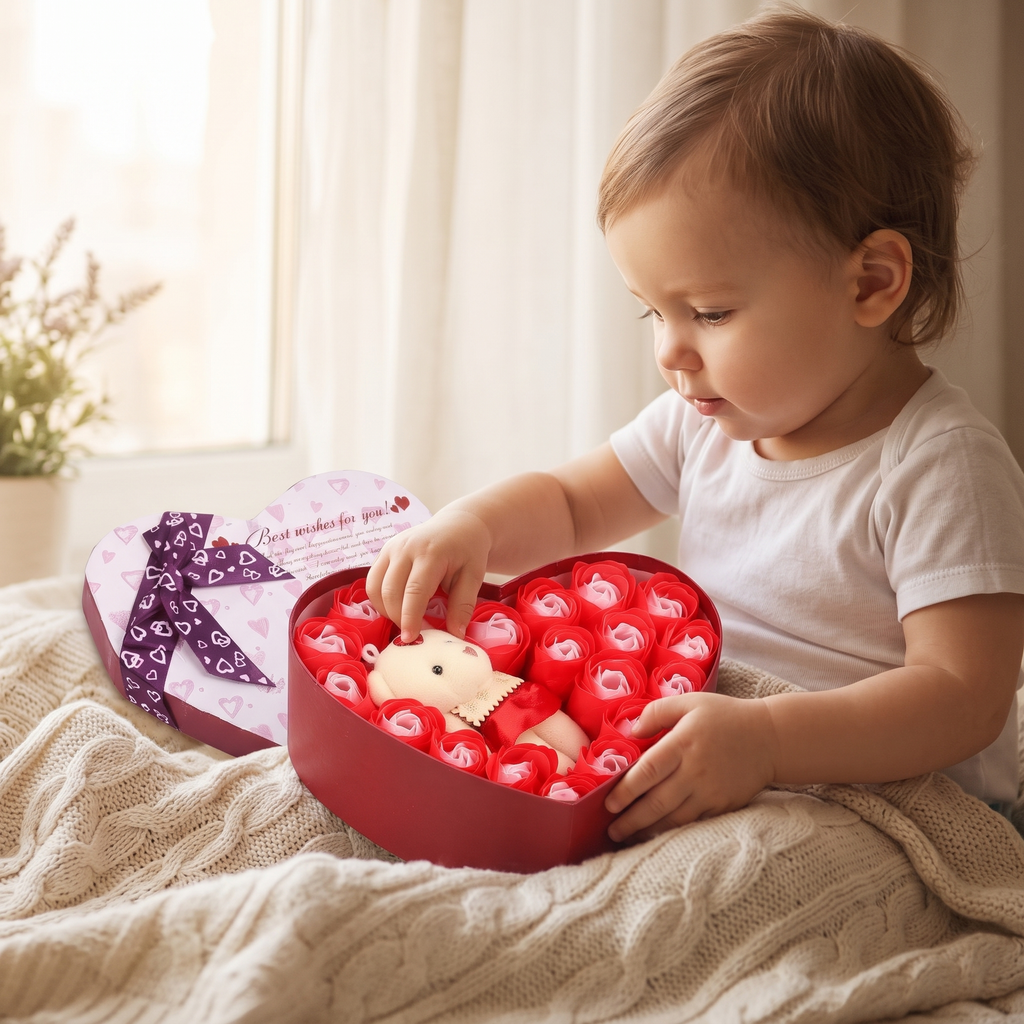 Geschenkdoos beren knuffel met rozen Valentijnsdag