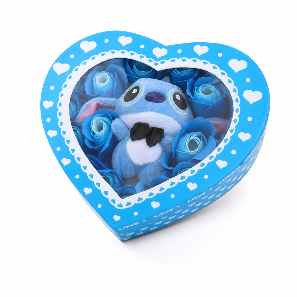 Geschenkdoos Stitch knuffel hartdoos blauwe rozen