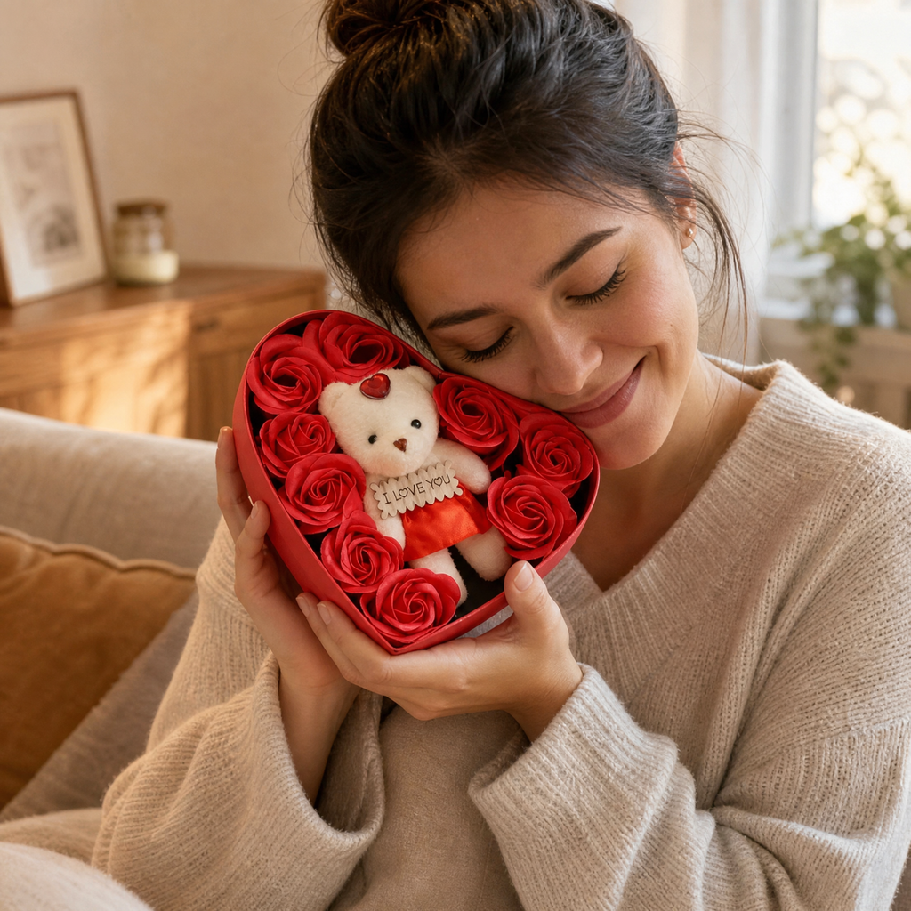 Geschenkdoos zeeprozen met beer knuffel hart