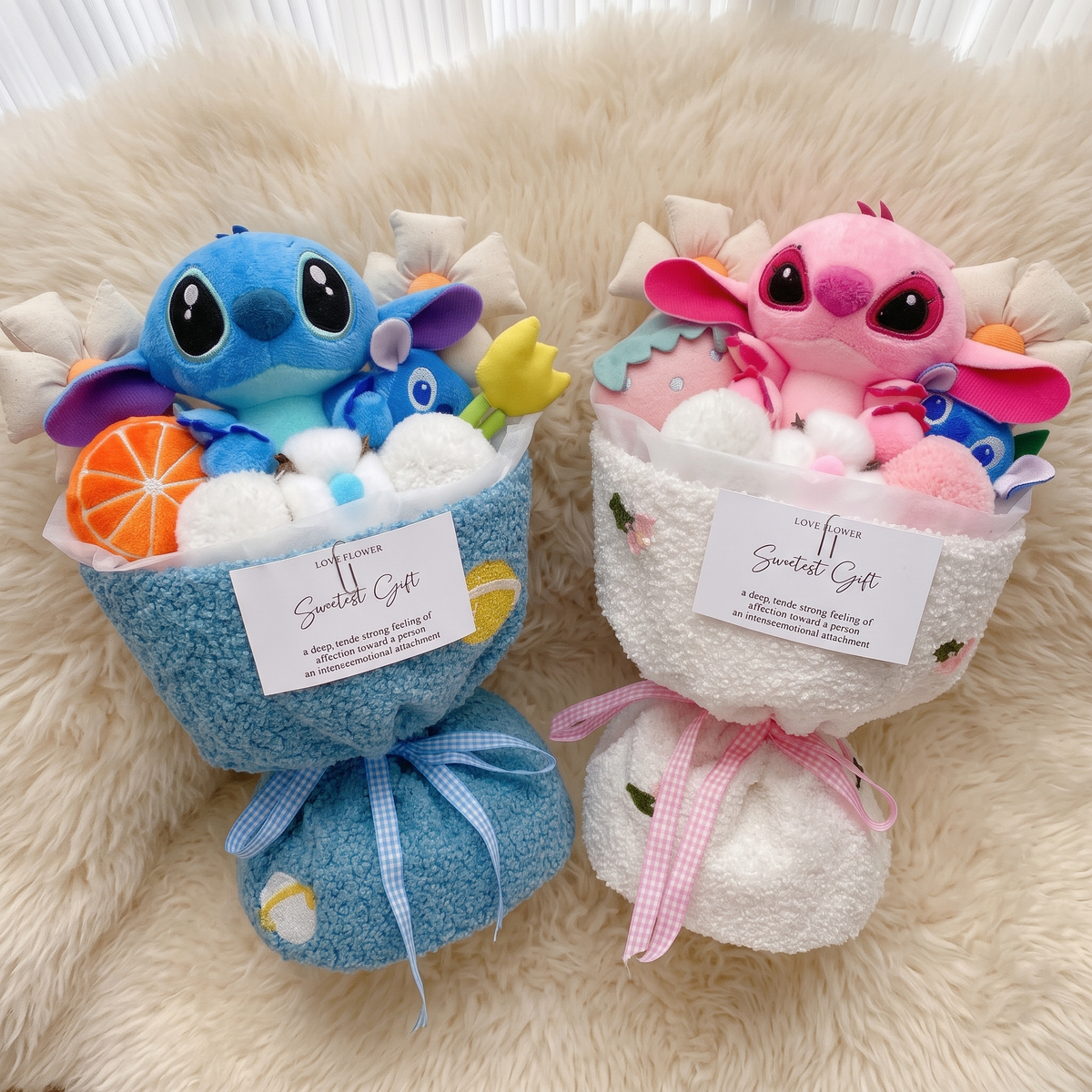 Stitch en Angel knuffel in kawaii fruitschaal