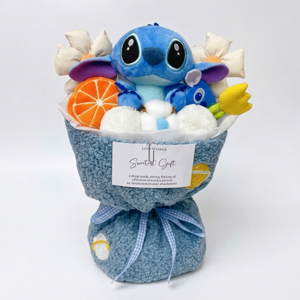 Stitch en Angel knuffel in kawaii fruitschaal