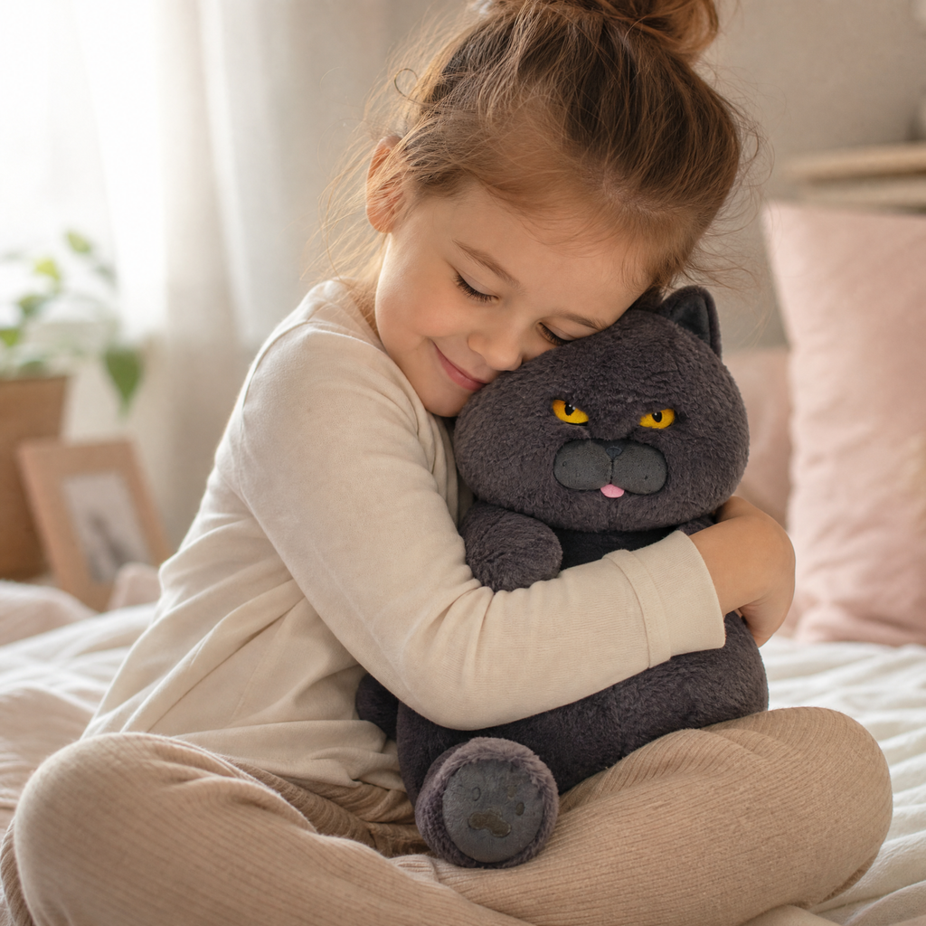 Grijze chagrijnige kat knuffel