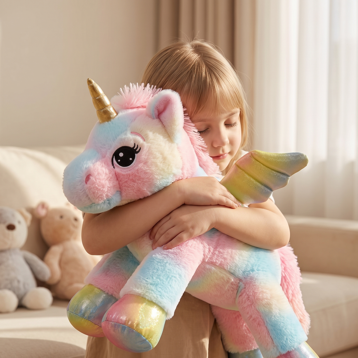 Reusachtige eenhoorn knuffel regenboog pastel 60 cm