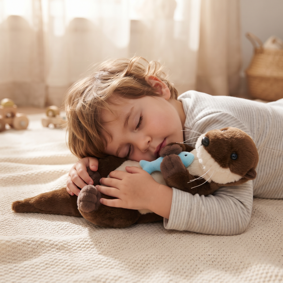 Liggende otter knuffel met vis Plushie Planet