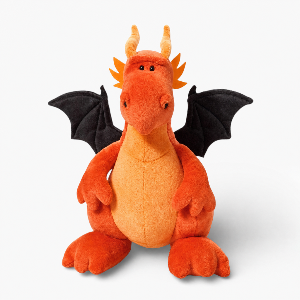 Oranje draak knuffel met zwarte vleugels