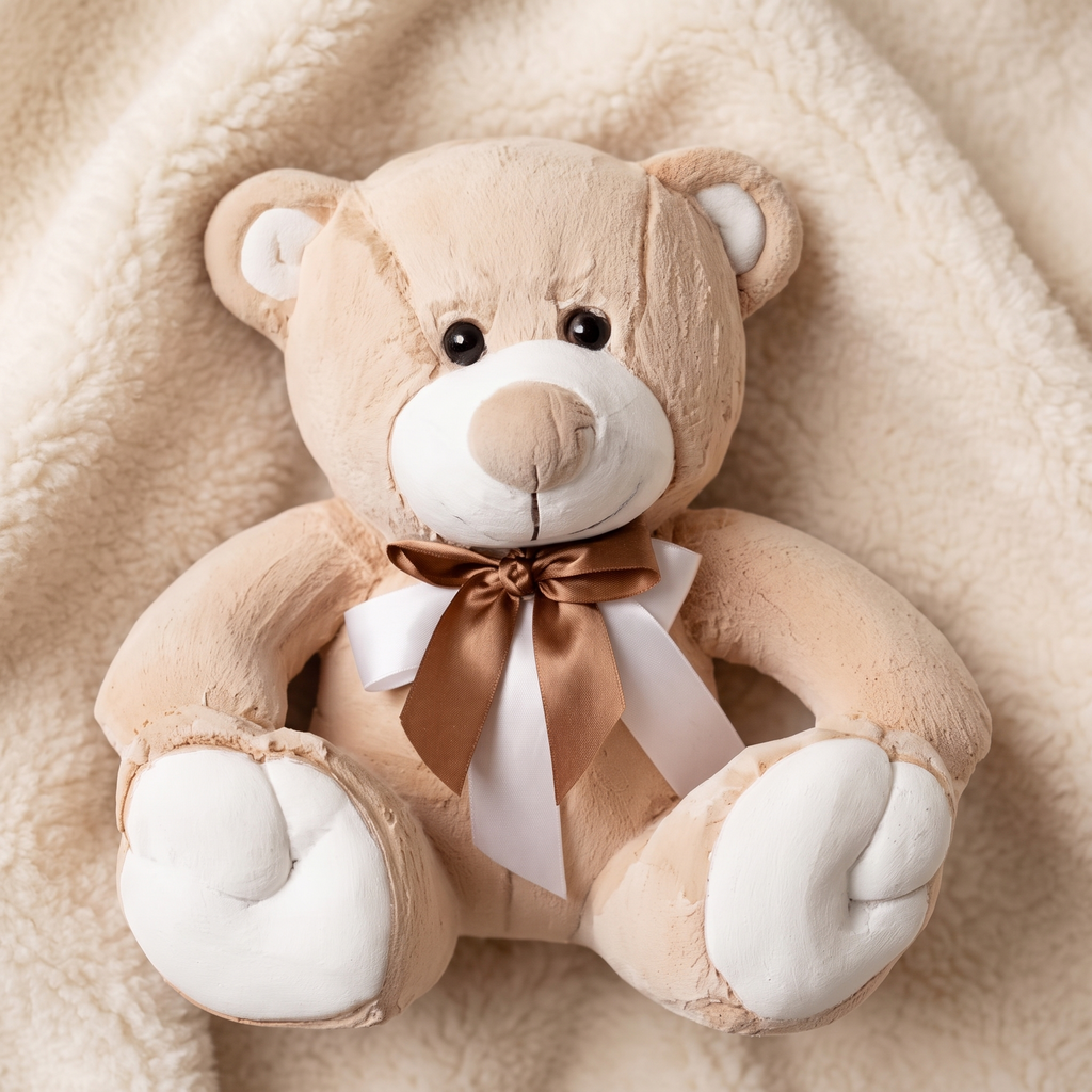 Beige-witte beer knuffel met gouden strik