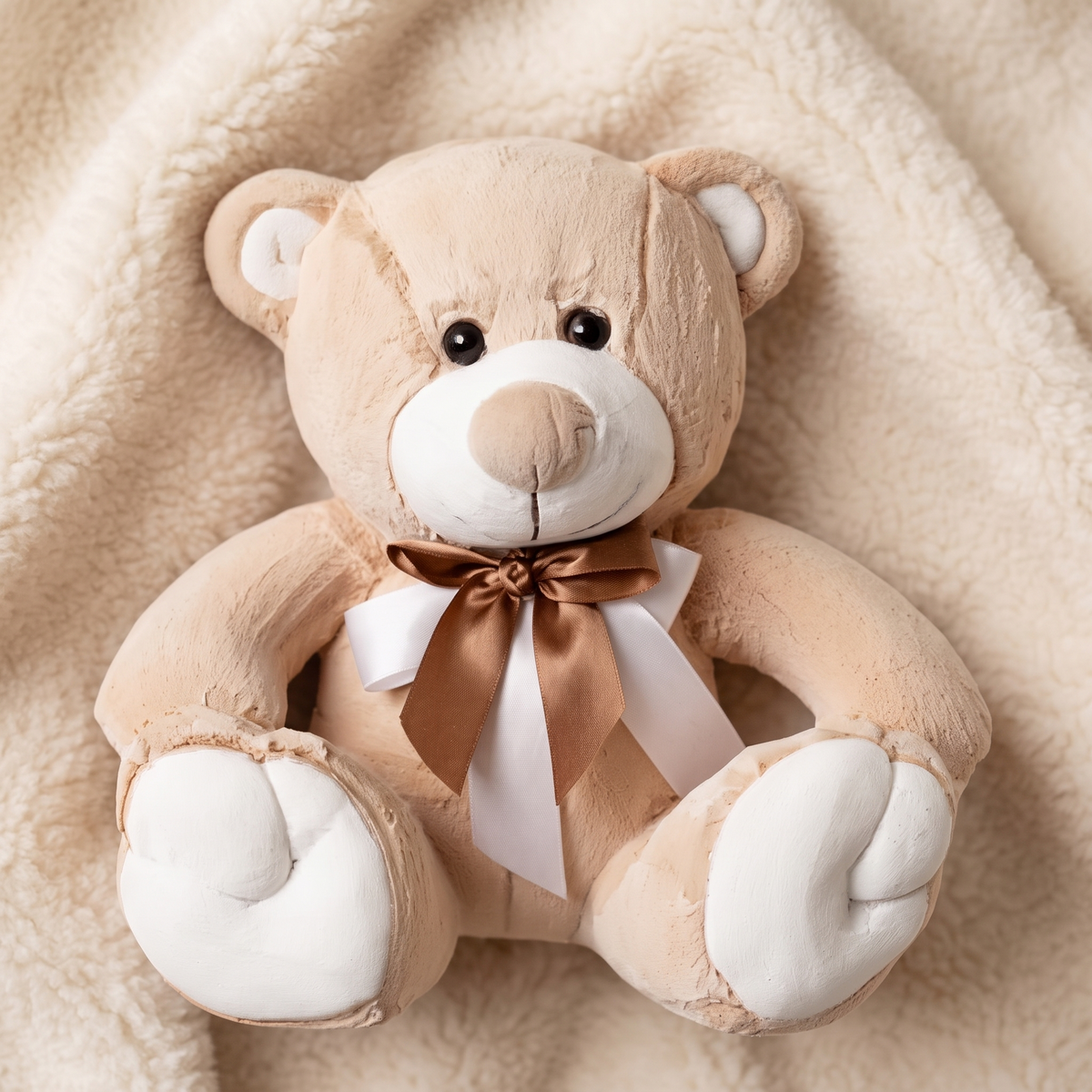 Beige-witte beer knuffel met gouden strik