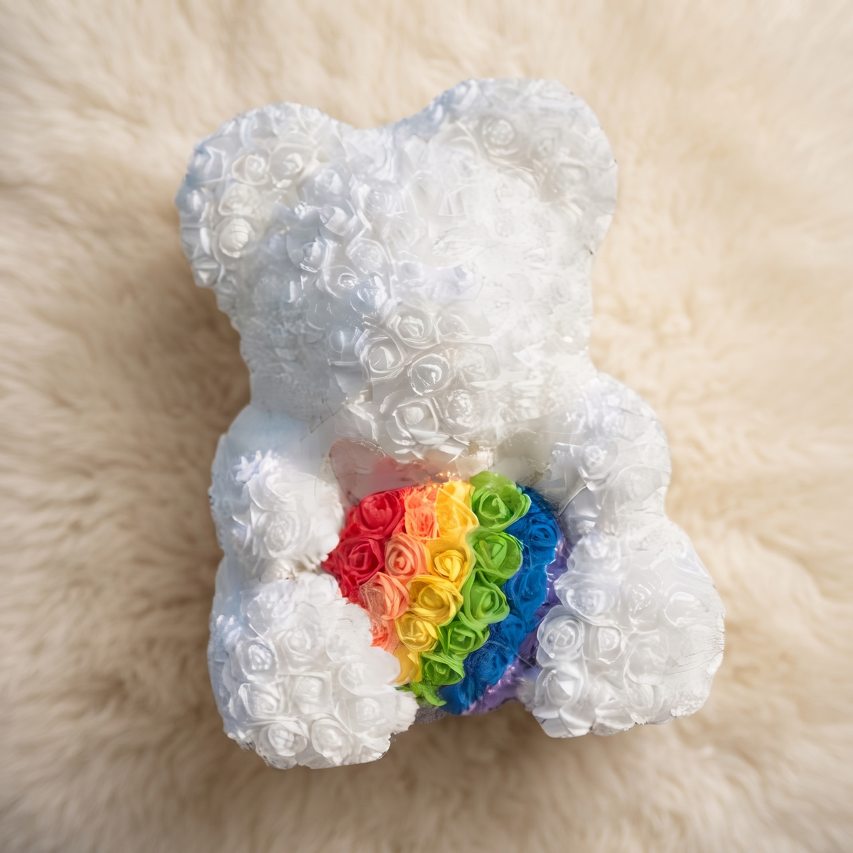 Witte rozenbeer knuffel met regenbooghart 40 cm