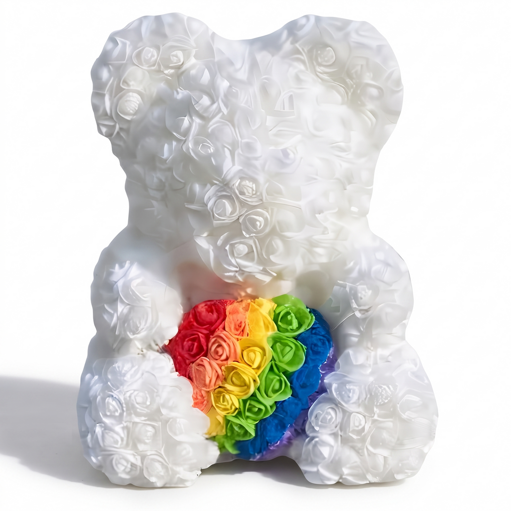 Witte rozenbeer knuffel met regenbooghart 40 cm