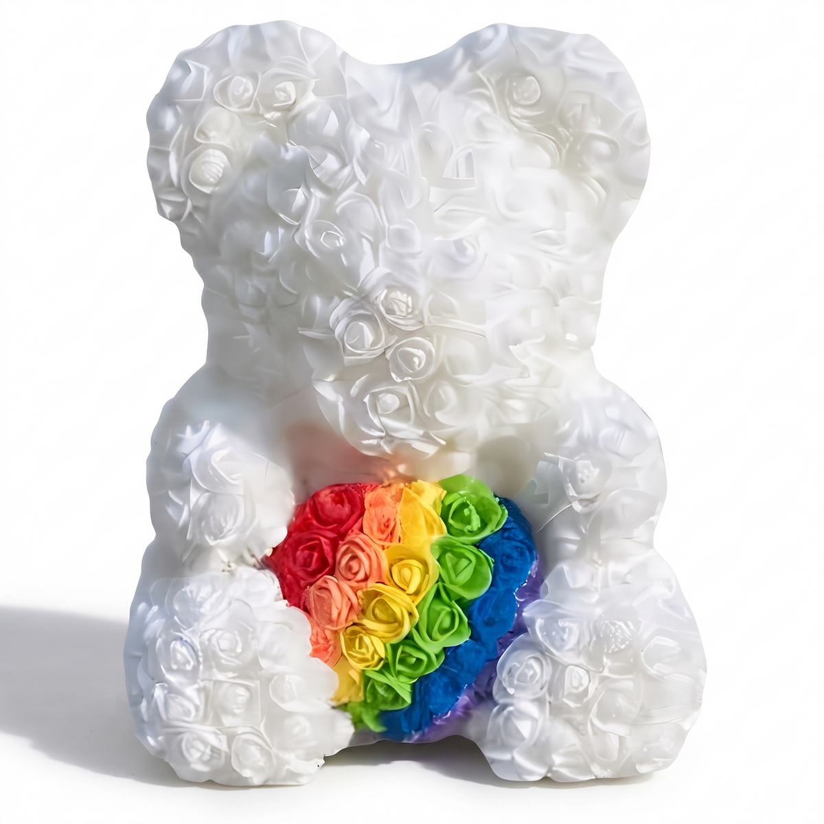Witte rozenbeer knuffel met regenbooghart 40 cm