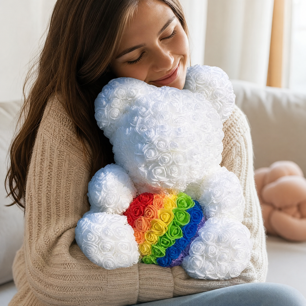 Witte rozenbeer knuffel met regenbooghart 40 cm