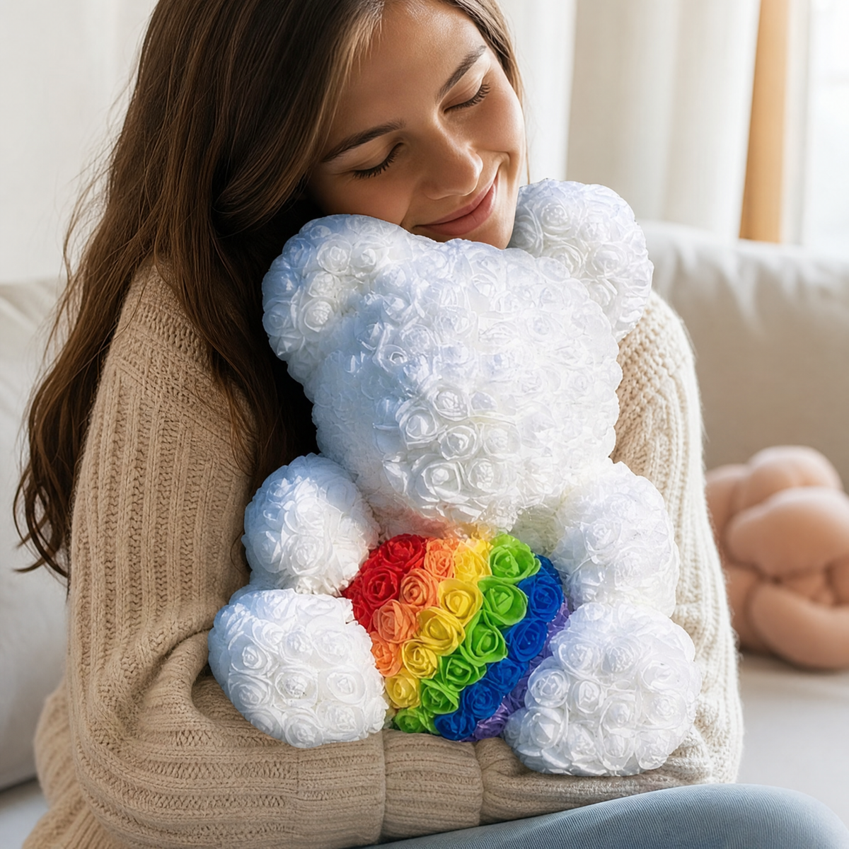 Witte rozenbeer knuffel met regenbooghart 40 cm