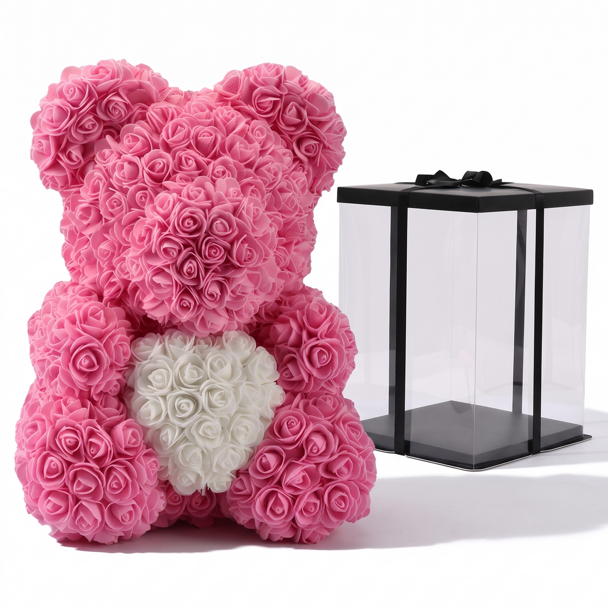Roze rozenbeer knuffel met wit hart