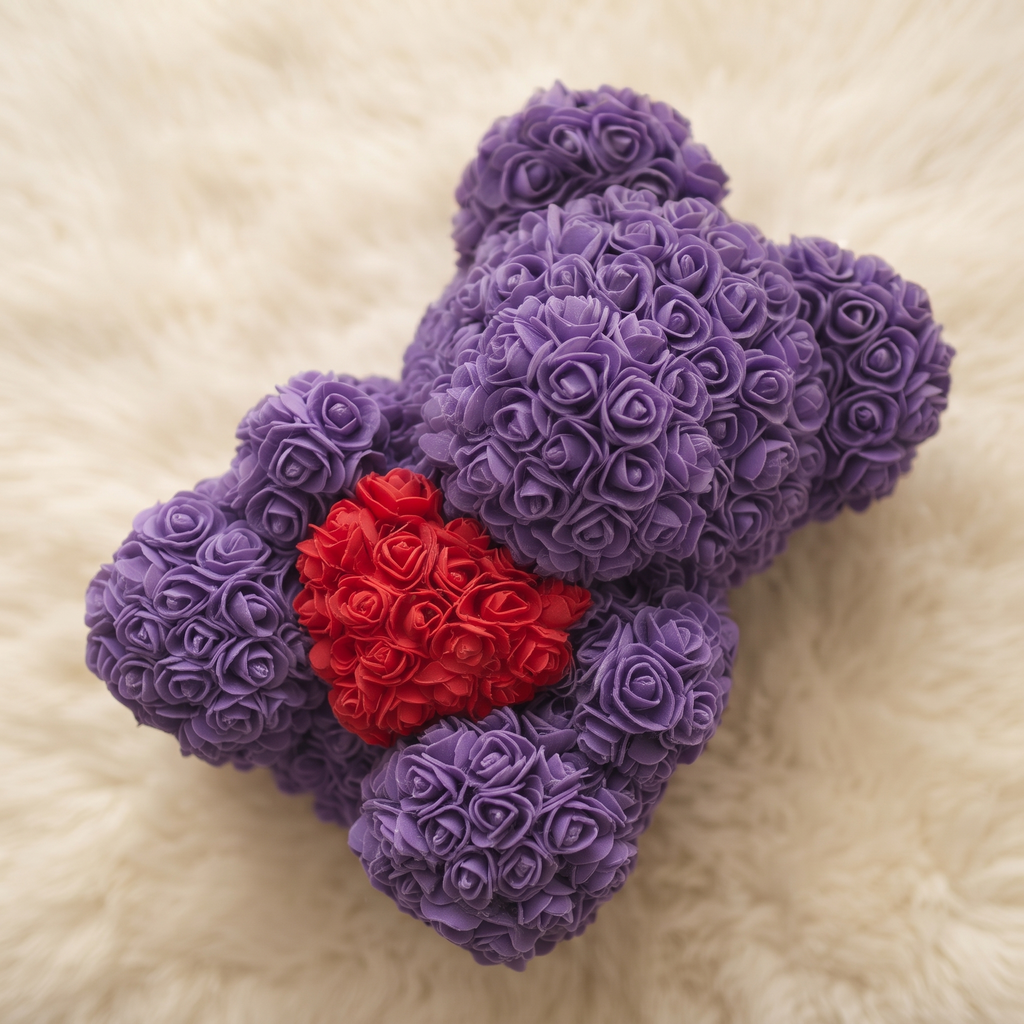 Paarse rozenbeer knuffel met rood hart