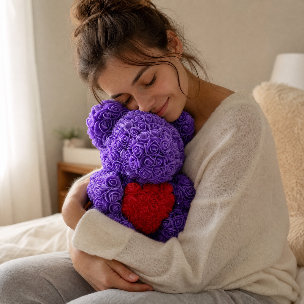 Paarse rozenbeer knuffel met rood hart