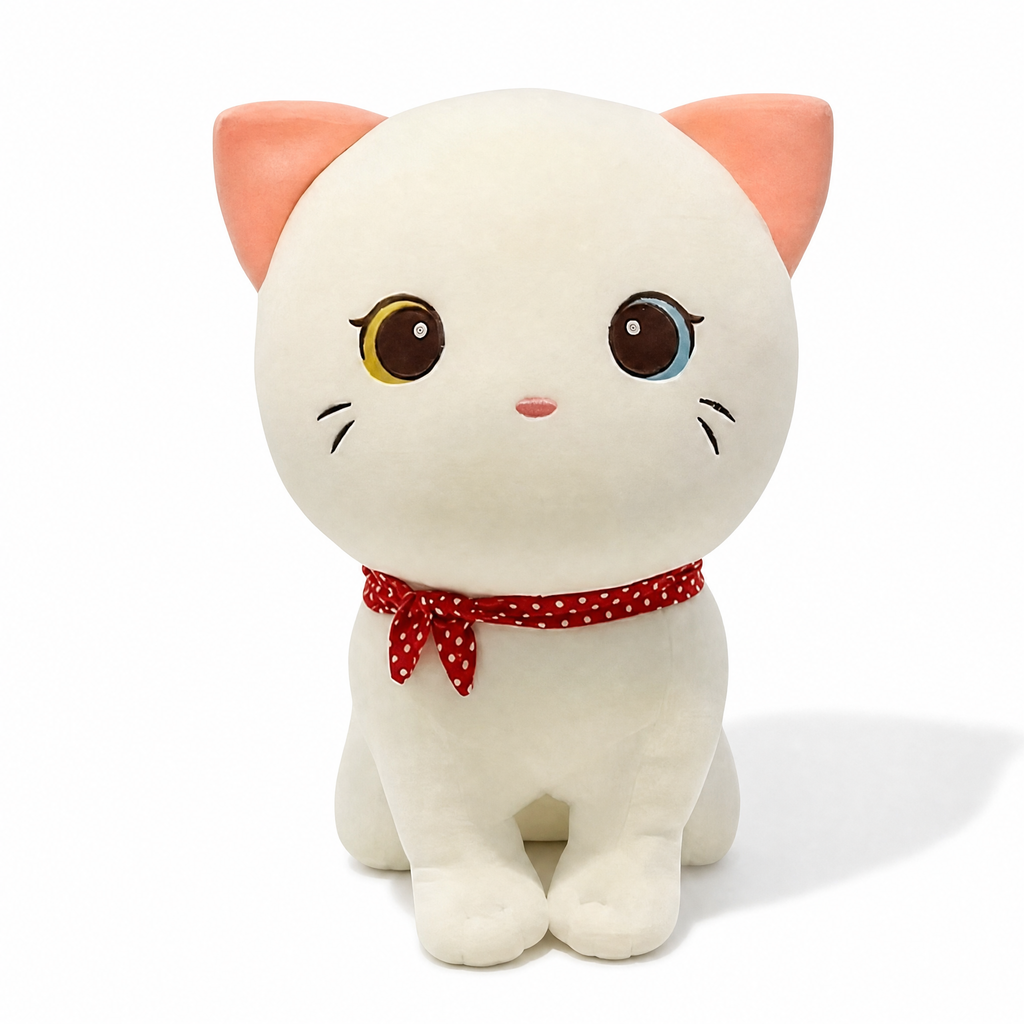 Witte kat knuffel met verschillende ogen en sjaal