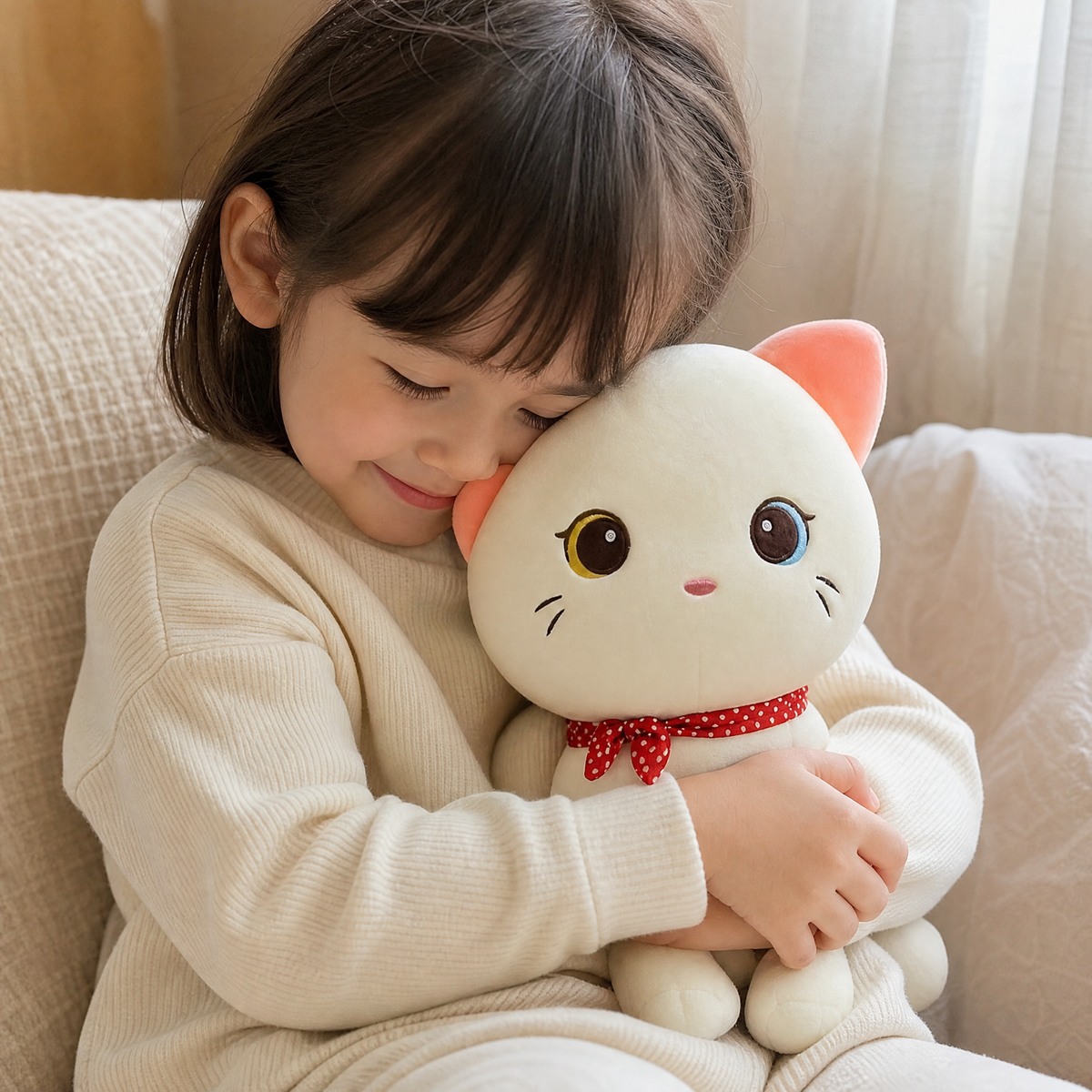 Witte kat knuffel met verschillende ogen en sjaal