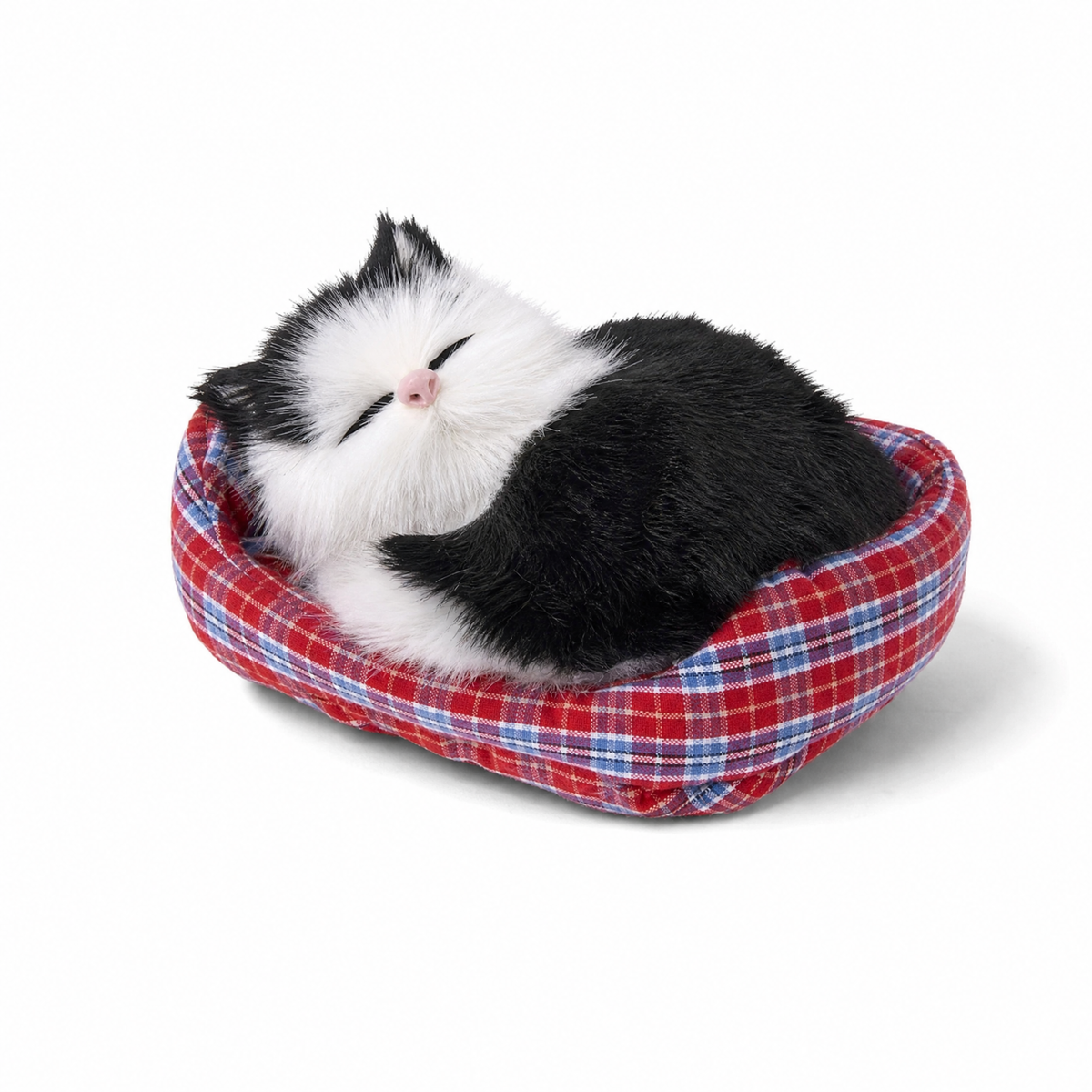 Slapende kat knuffel met decoratieve mand