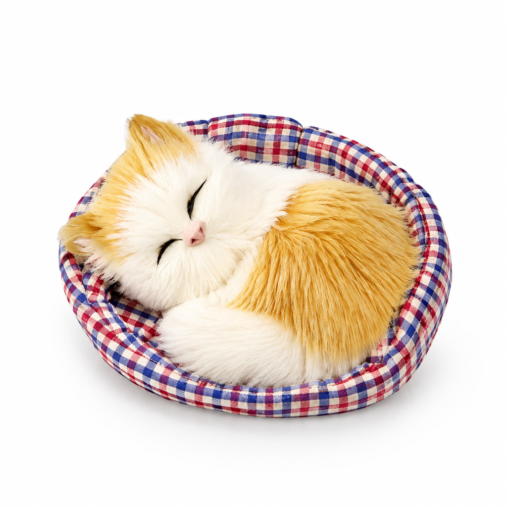 Slapende kat knuffel met decoratieve mand