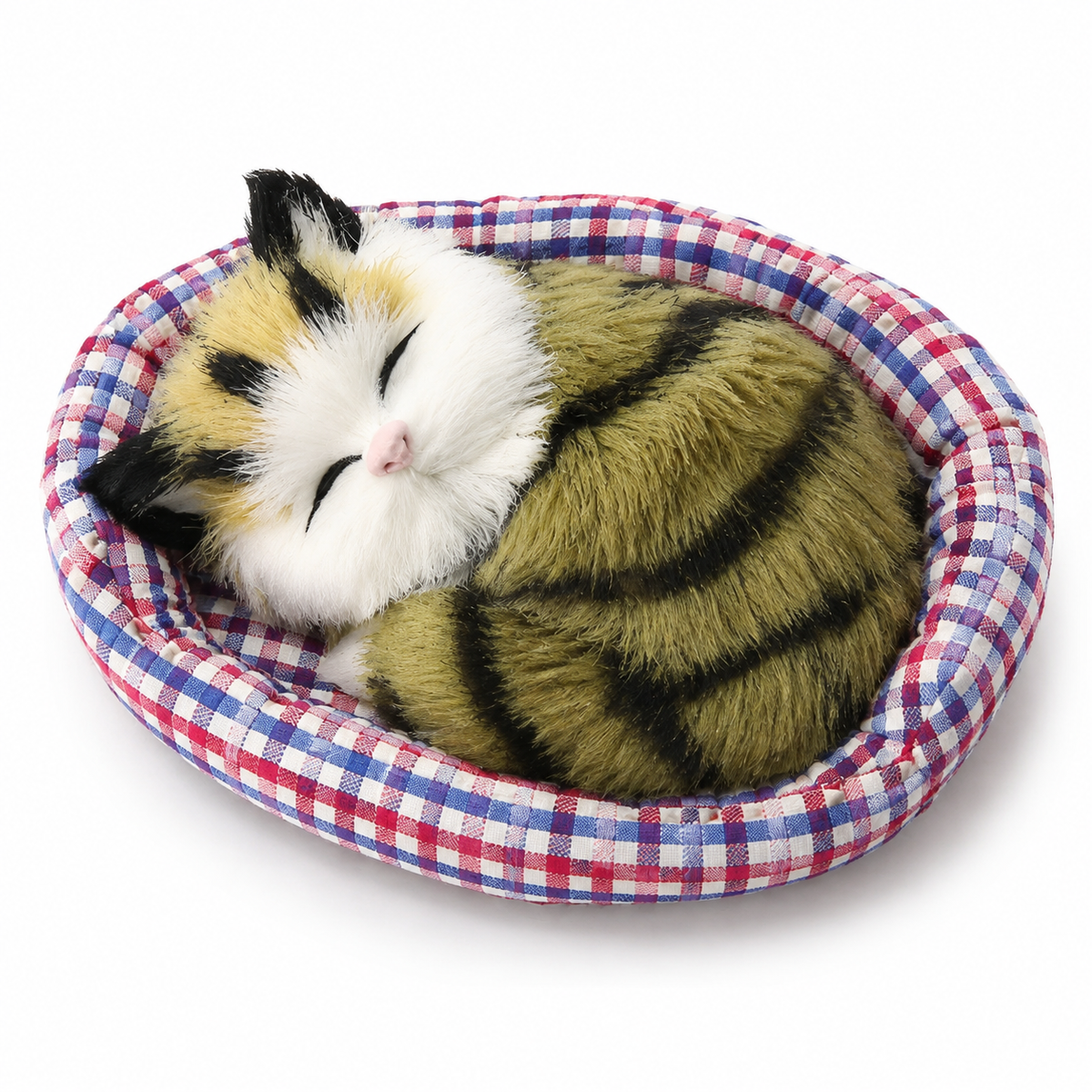 Slapende kat knuffel met decoratieve mand