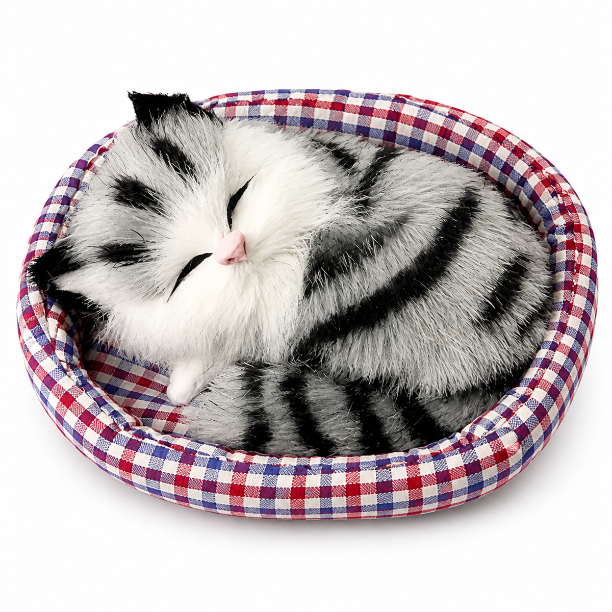 Slapende kat knuffel met decoratieve mand