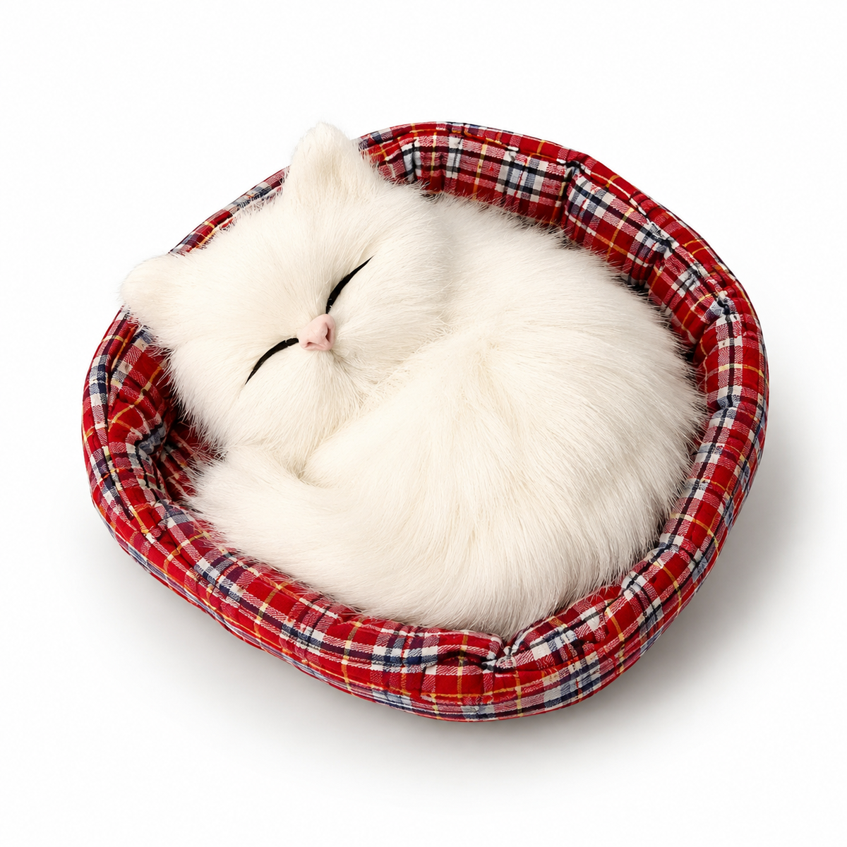 Slapende kat knuffel met decoratieve mand