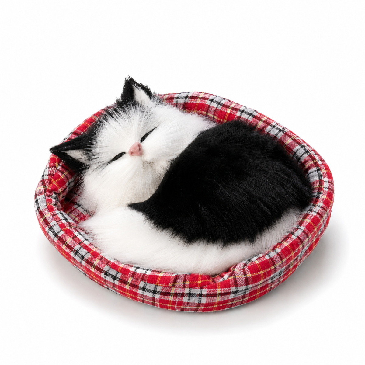 Slapende kat knuffel met decoratieve mand